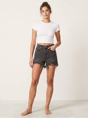 Good American Bombshell Shorts Black High Rise Distressed Denim Button Fly 4/27